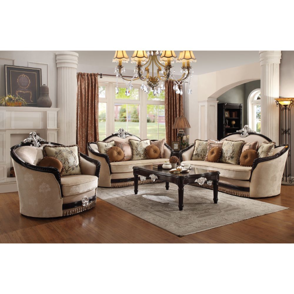 Ernestine - Loveseat With 6 Pillows - Tan Fabric & Black