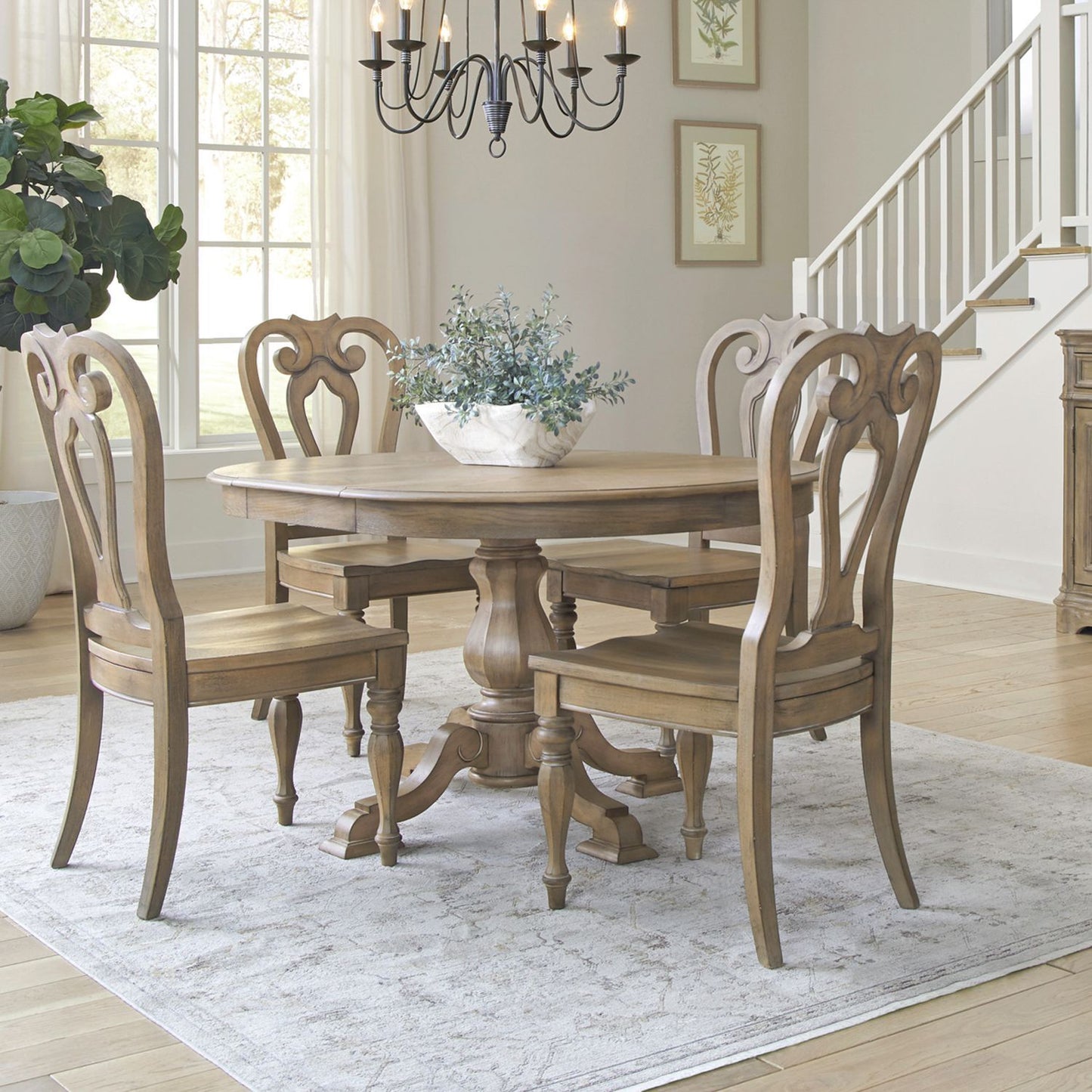 Magnolia Manor - 5 Piece Pedestal Table Set (Splat Back Side Chairs) - Brown