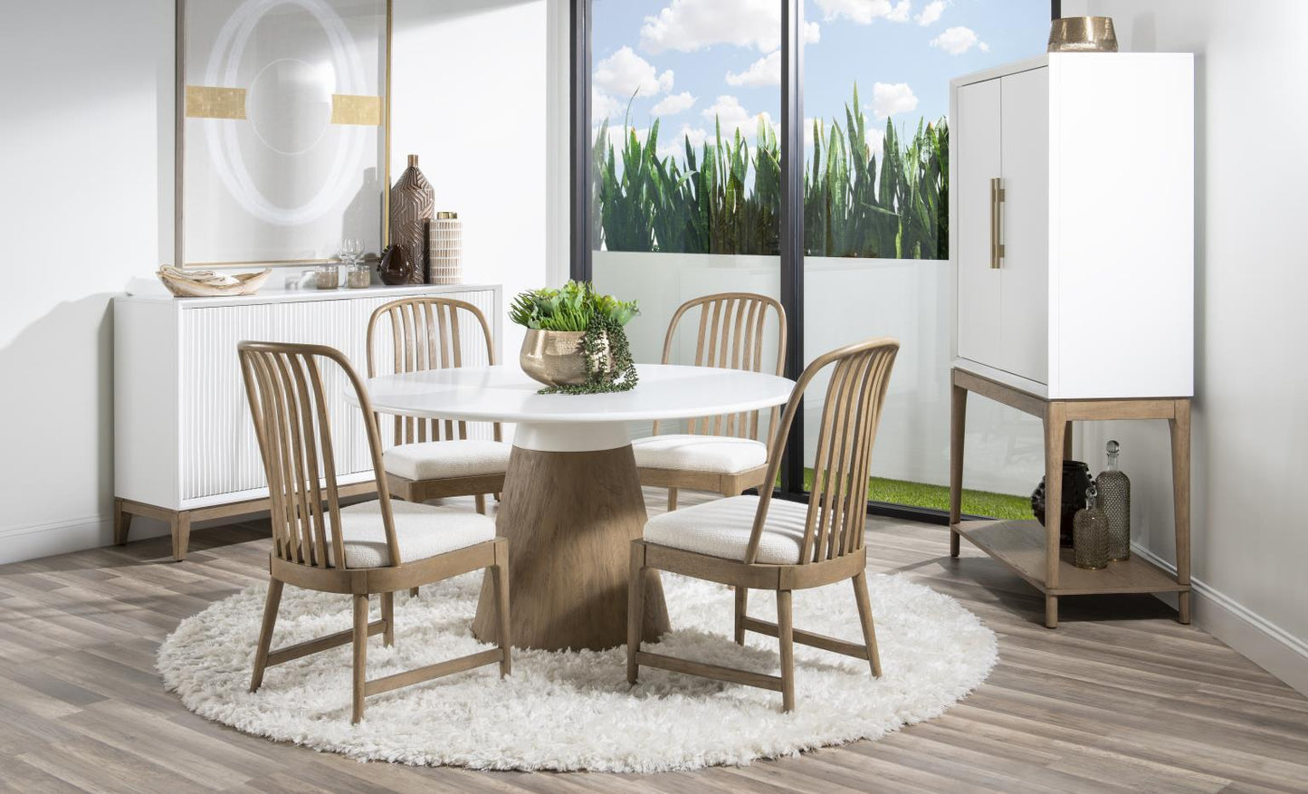 Melrose - Complete Round Dining Table - Cloud White And Desert Oak