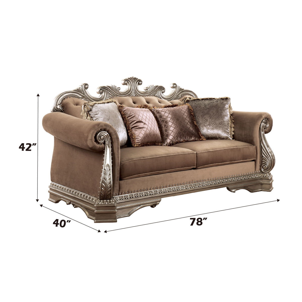 Northville - Loveseat With 4 Pillows - Velvet & Antique Silver