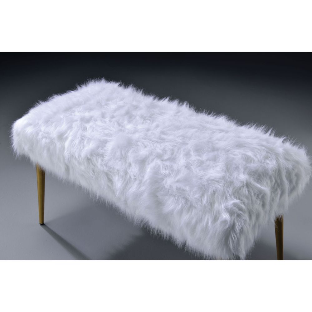 Bagley II - 20" Bench - White Faux Fur & Gold