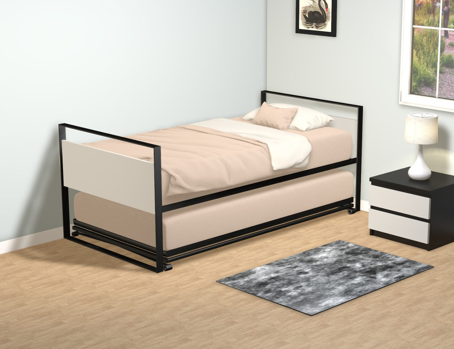 Metal & Wood Twin Trundle bed with Pop Up Trundle