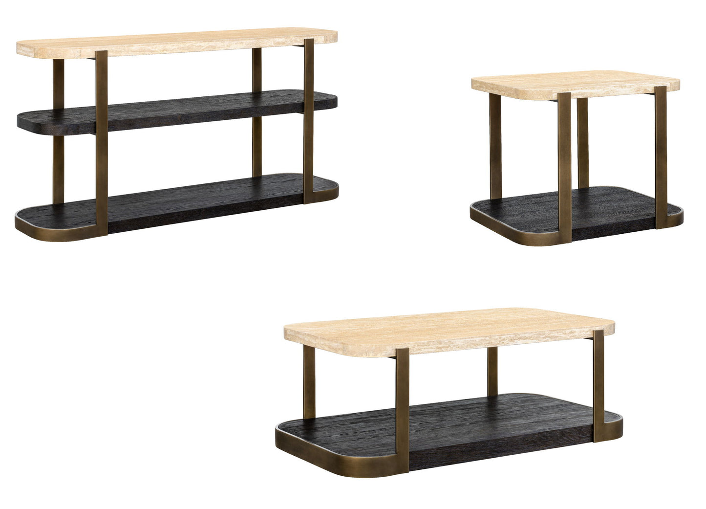 Avalon - End Table - Bronze Metal Frame With Travertine & Espresso