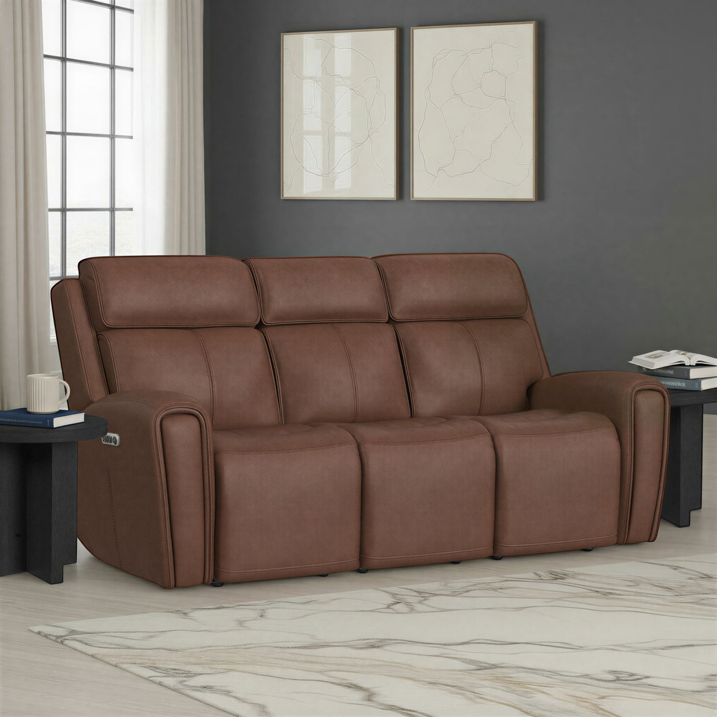 Warren - Power Reclining Sofa With Console, Power Headrest & Lumbar - Dark Brown