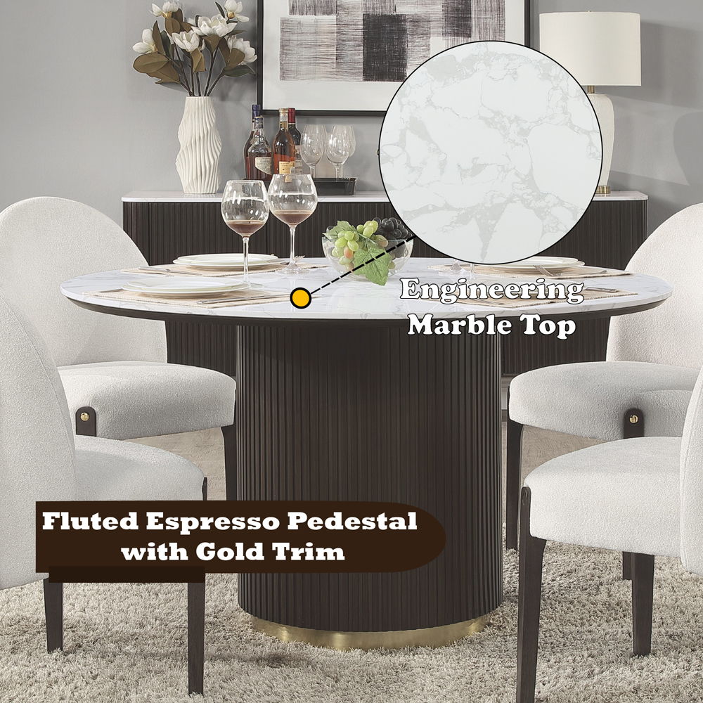 Clayten - Round Dining Table With Marble - White Natural Marble Top & Espresso