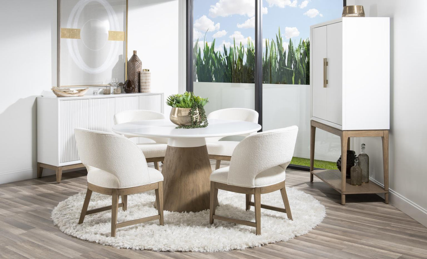 Melrose - Complete Round Dining Table - Cloud White And Desert Oak