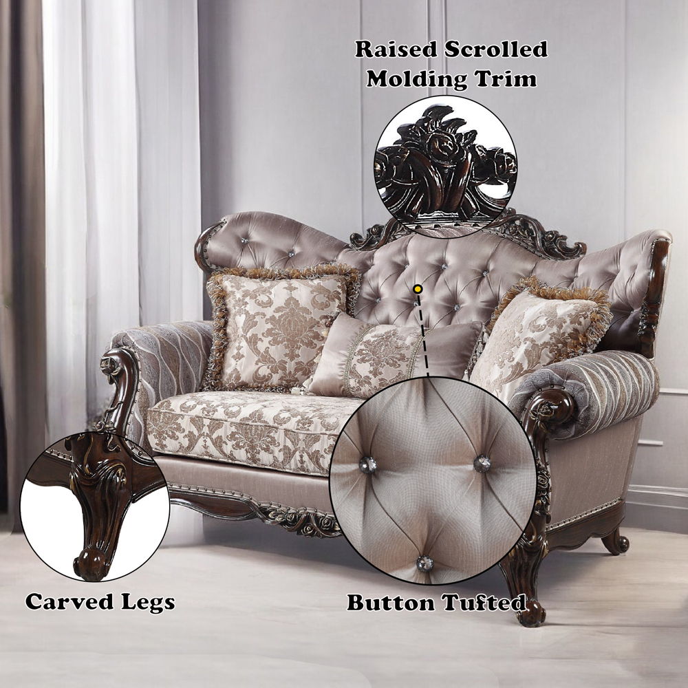 Benbek - Loveseat With 3 Pillows - Fabric & Antique Oak