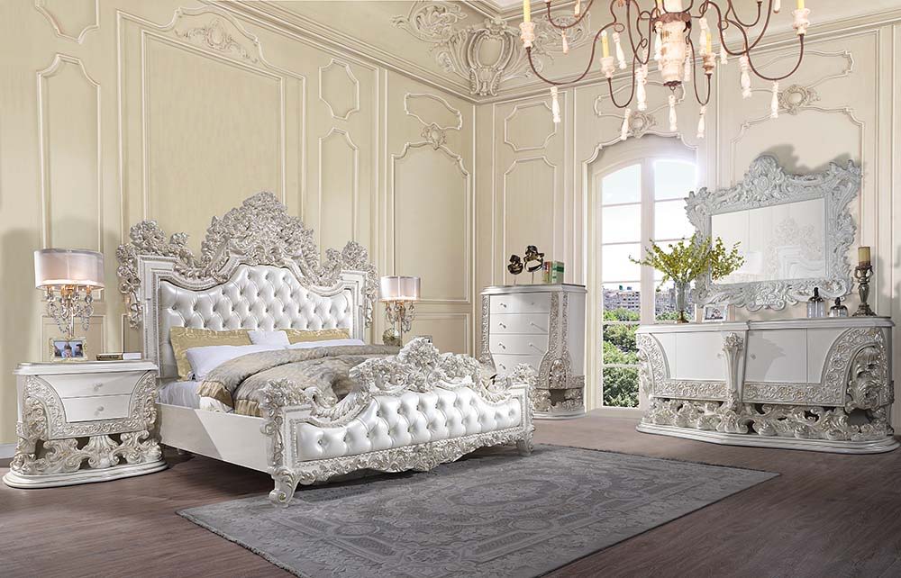Adara - Eastern King Bed - Pearl White Synthetic Leather & Antique White
