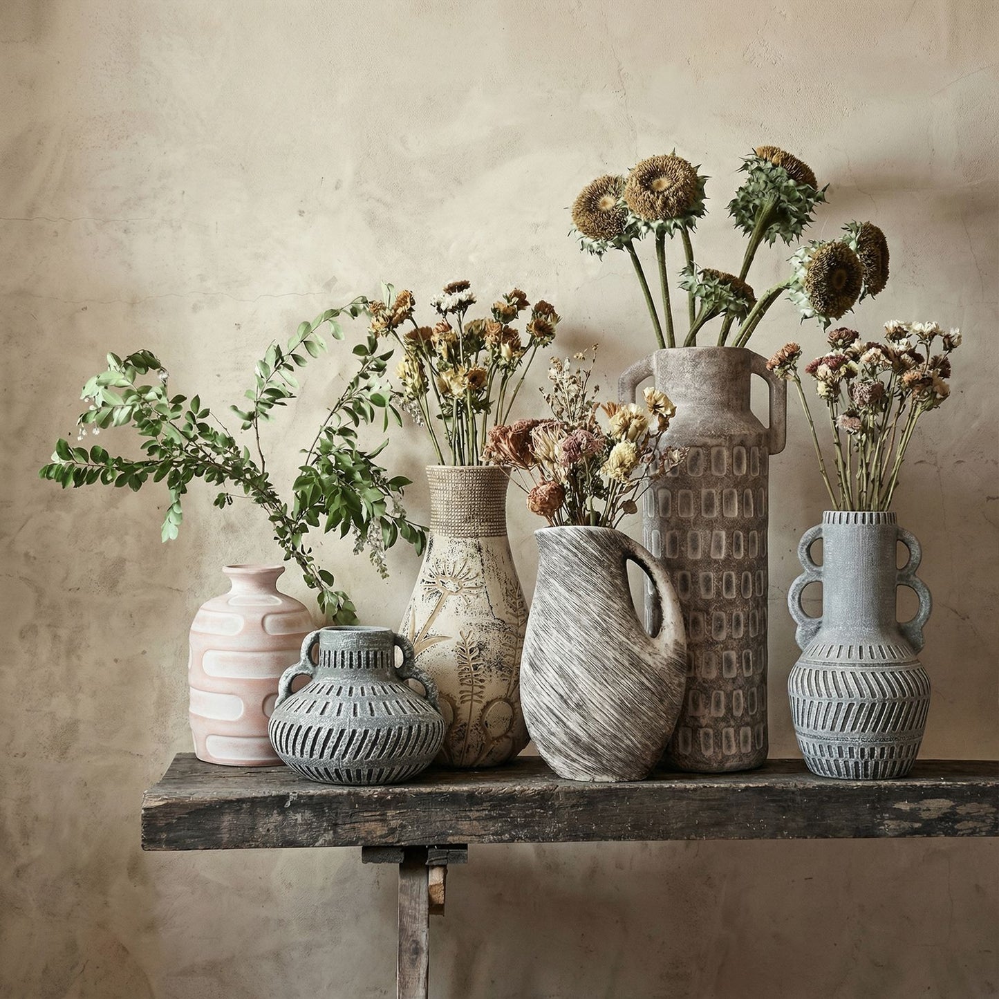 Earthenware - Floral Pattern Vase - Gray