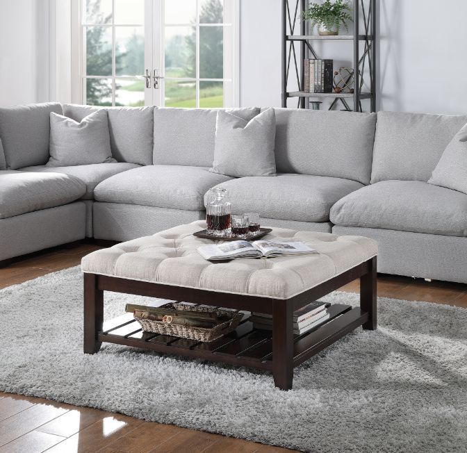 Aizen - Cocktail Ottoman - Beige Fabric & Espresso