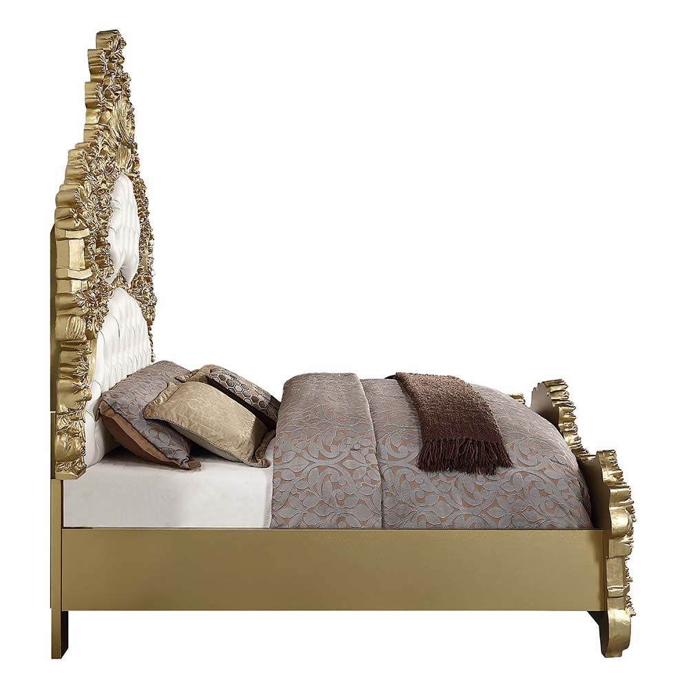 Bernadette - Eastern King Bed - White Synthetic Leather Fabric & Gold