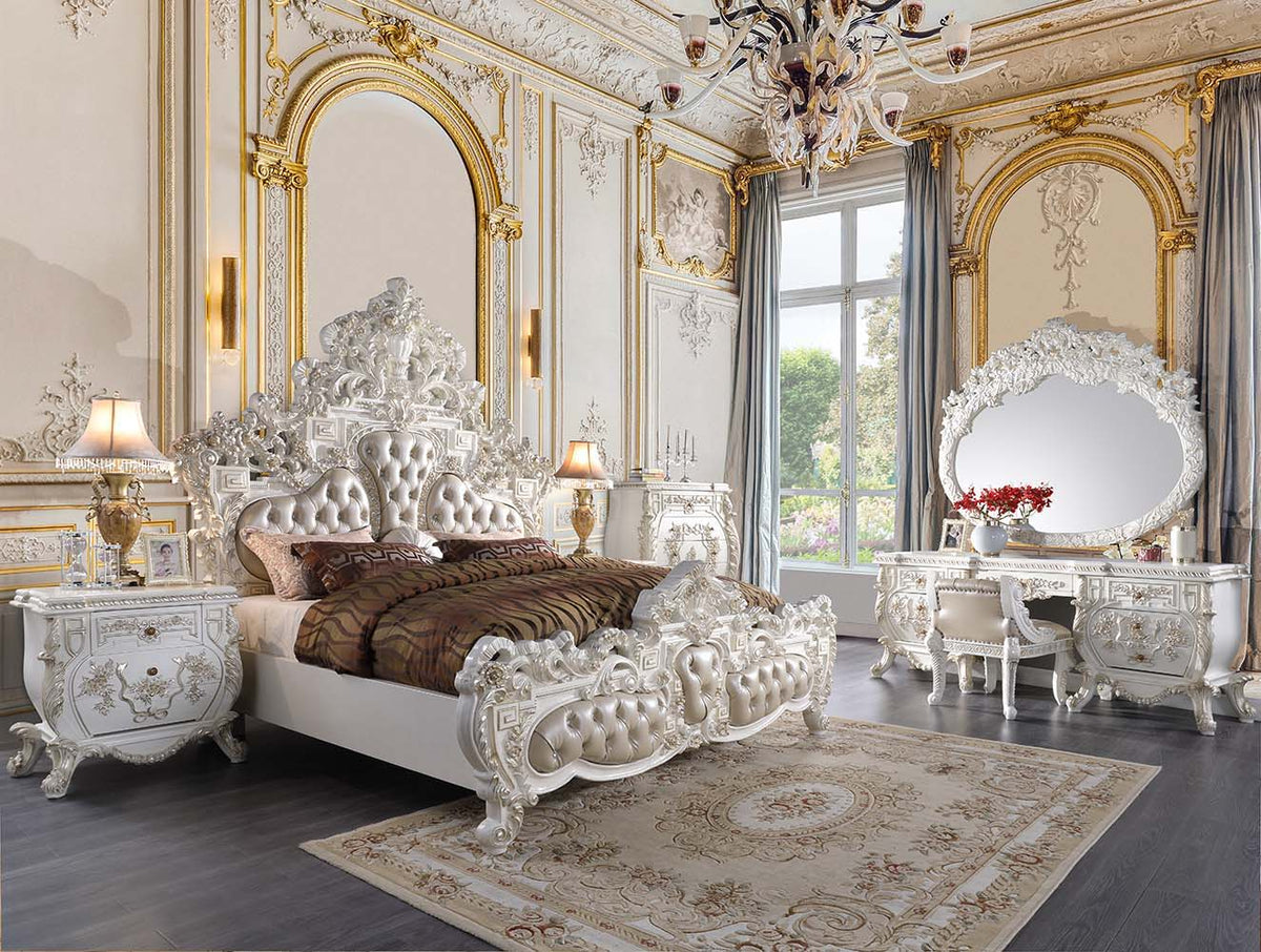 Vanaheim - Eastern King Bed - Beige Synthetic Leather & Antique White
