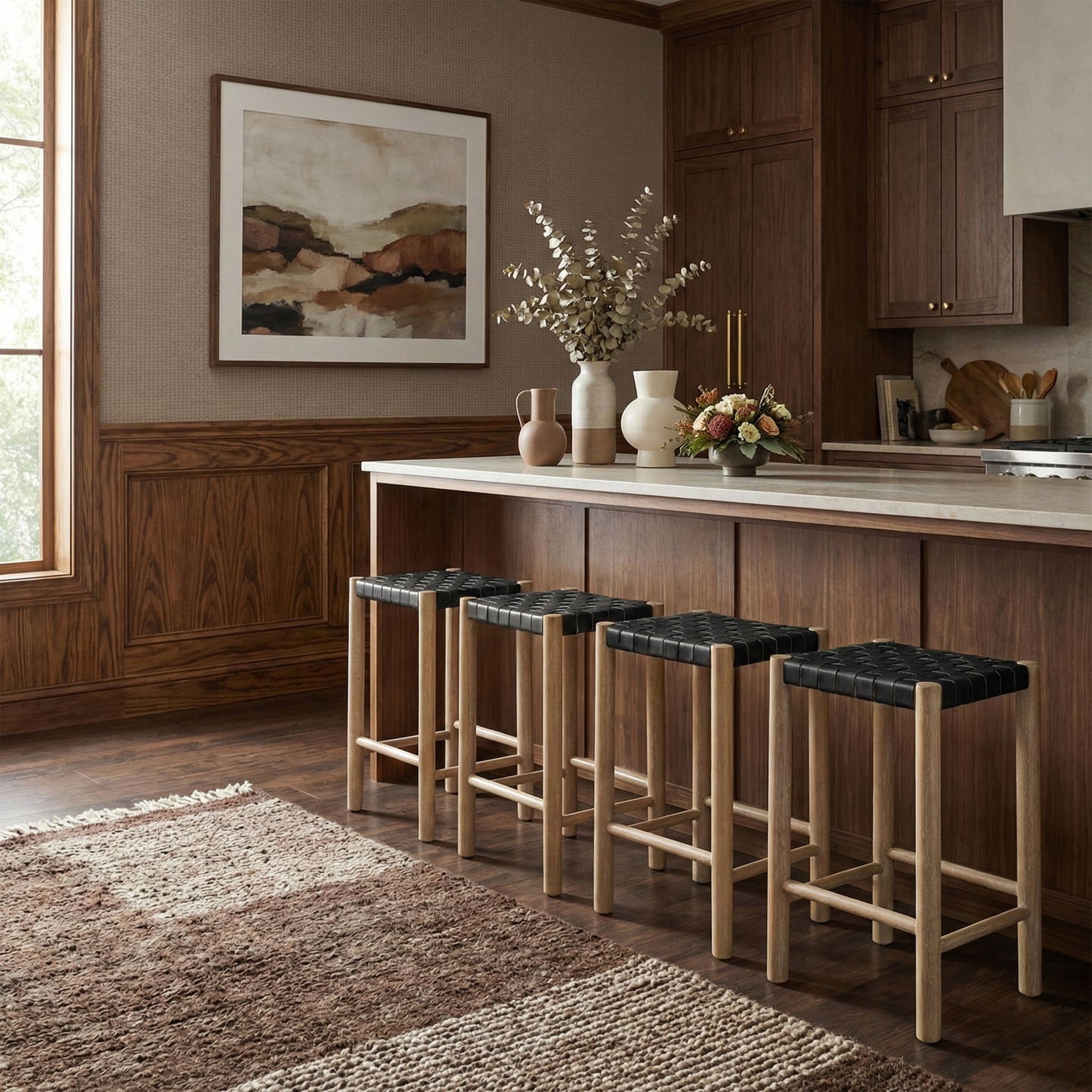 Entwine - Vegan Leather Upholstered Backless Counter Stool - Painted Natural