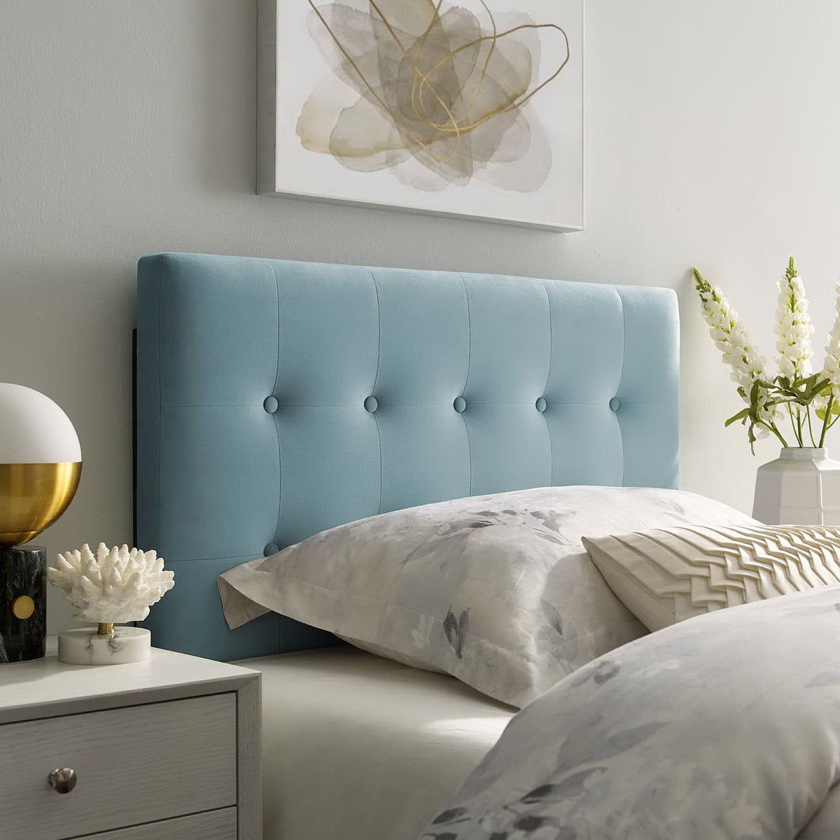 Emily Biscuit Tufted Performance Velvet Headboard - Twin, Light Blue