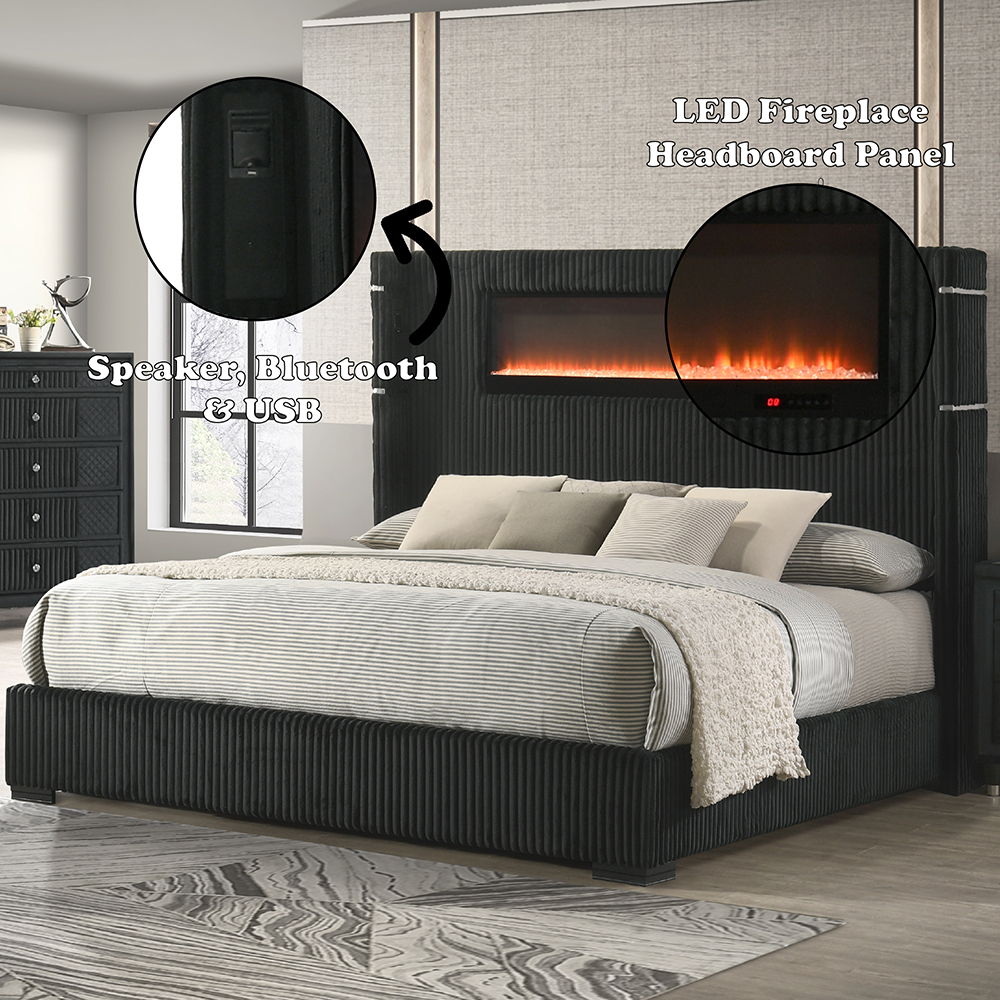 Garner - Bed With Fireplace, LED, Reading Light, Speaker, Bluetooth & USB