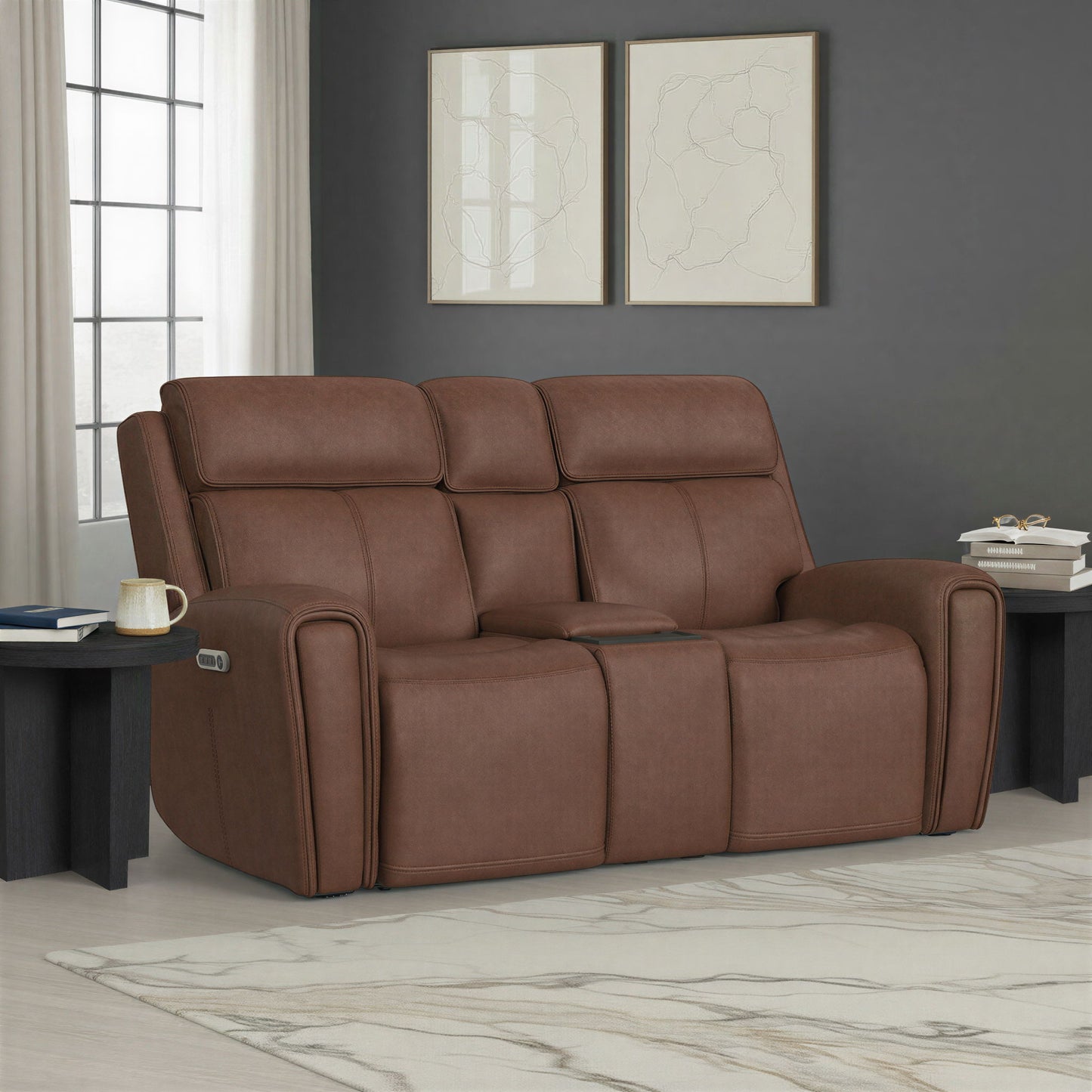 Warren - Power Reclining Loveseat With Console, Power Headrest & Lumbar - Dark Brown