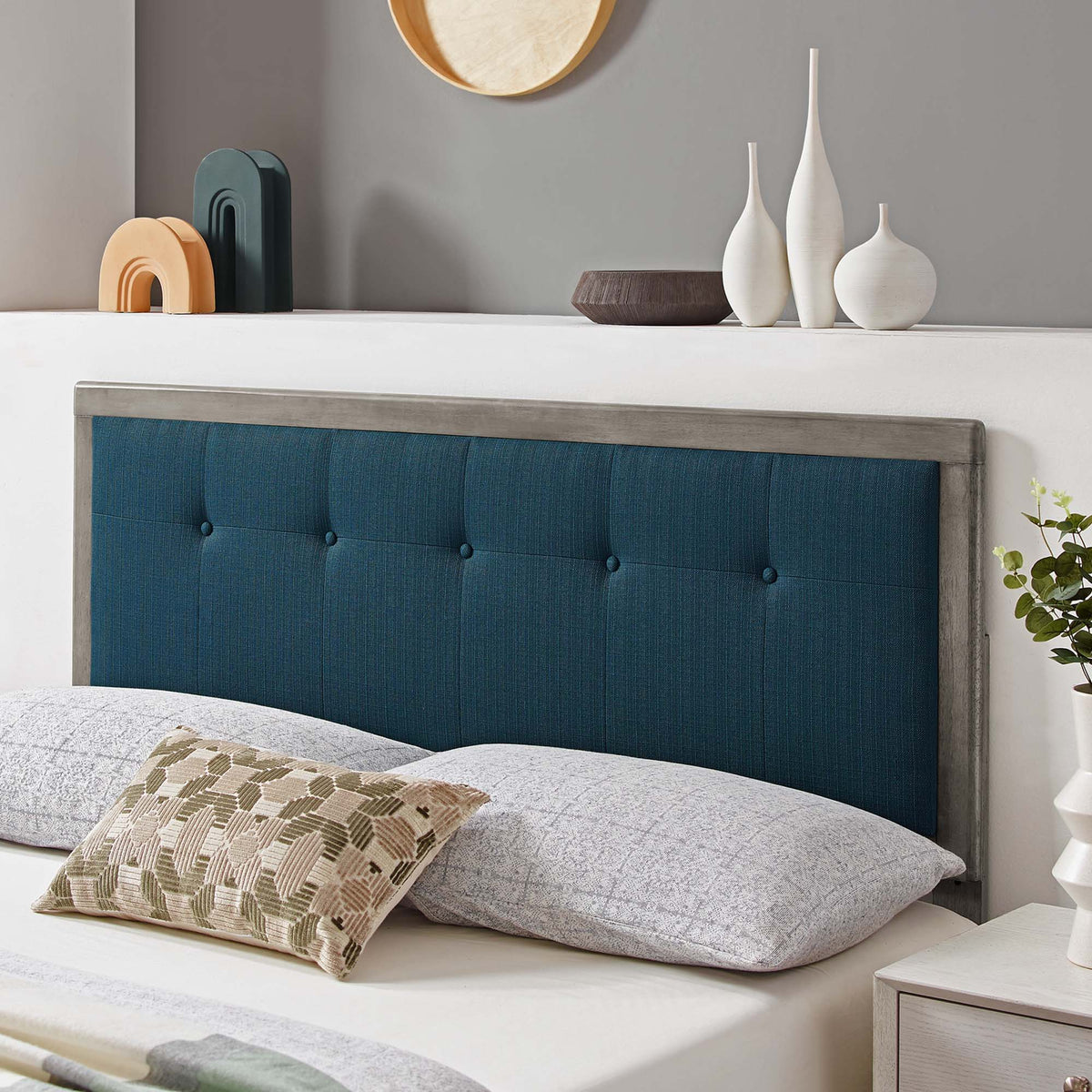 Draper Tufted Fabric and Wood Headboard - King, Gray Azure