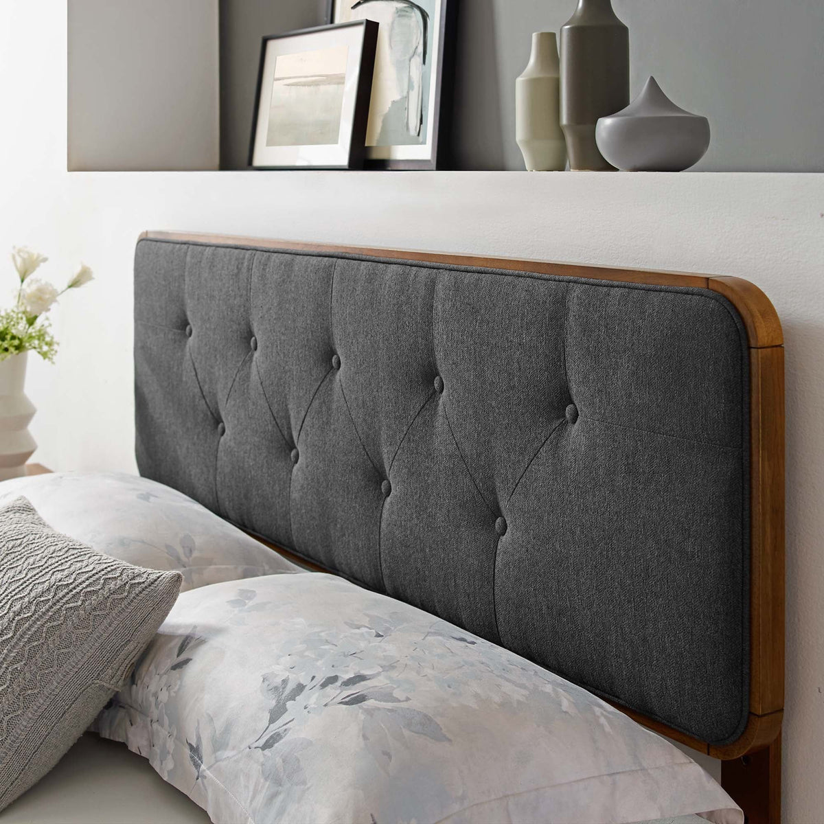 Collins Tufted Fabric and Wood Headboard - Queen, Walnut Charcoal