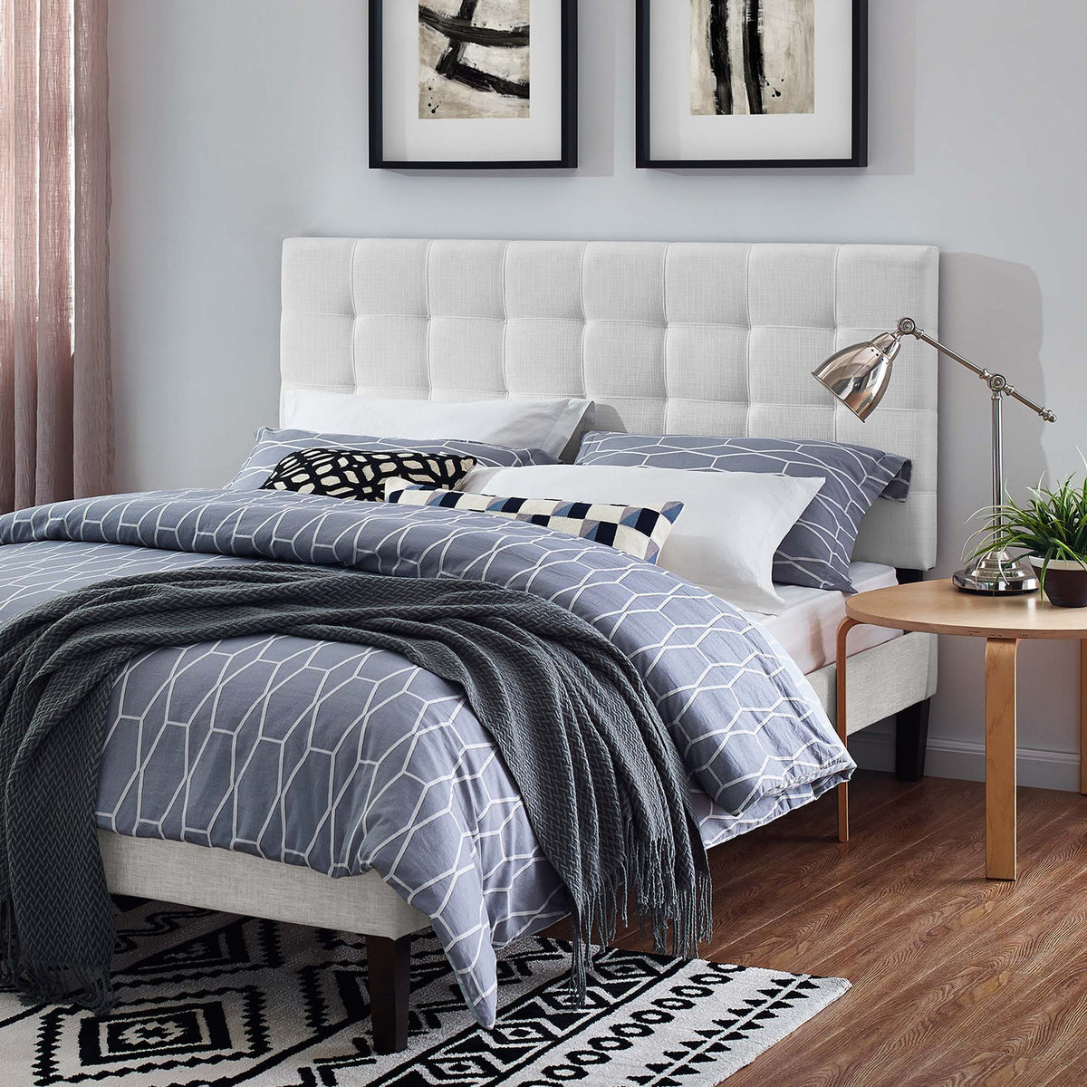 Paisley Tufted Upholstered Linen Fabric Headboard - Full/Queen, White