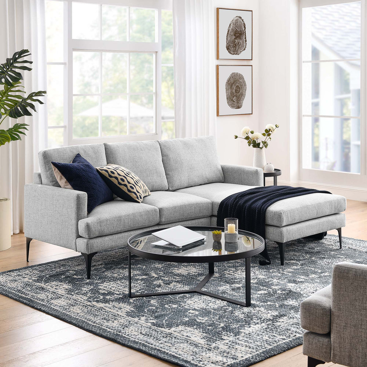 Evermore Right-Facing Upholstered Fabric Sectional Sofa - Light Gray