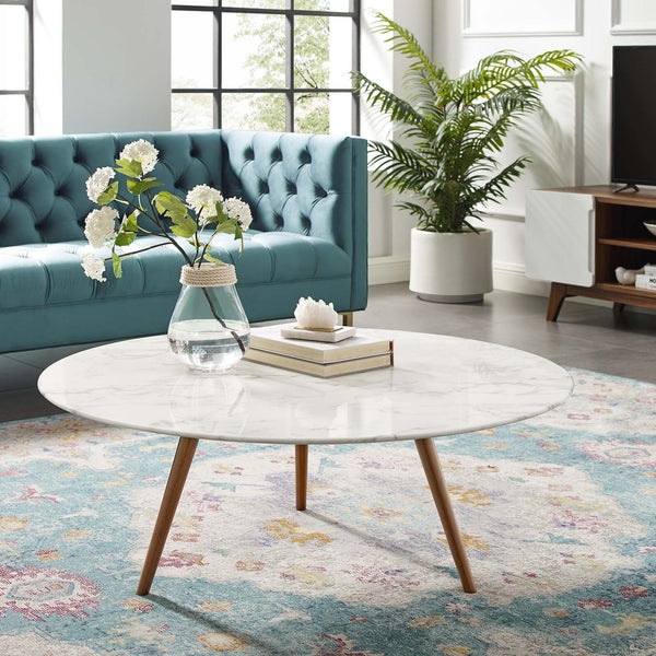 Lippa Round Artificial Marble Coffee Table with Tripod Base - 40", Walnut White