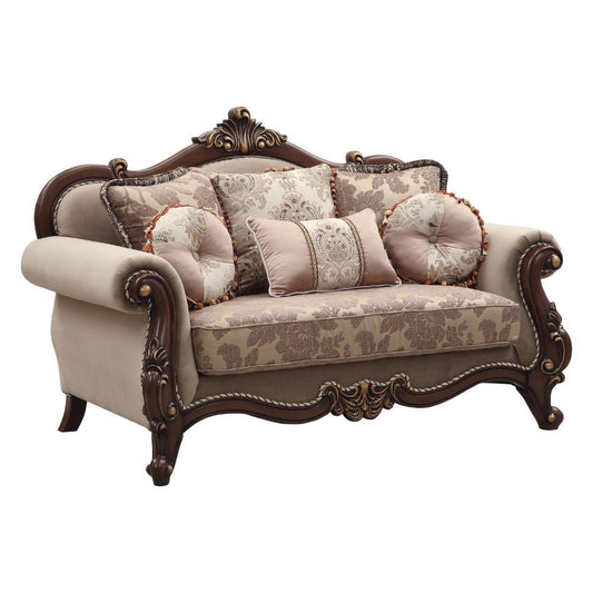 Mehadi - Loveseat With 6 Pillows - Velvet & Walnut