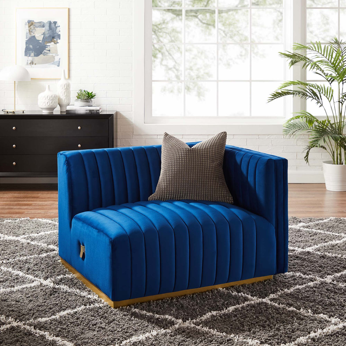 Conjure Channel Tufted Performance Velvet Right-Arm Chair - Gold Navy