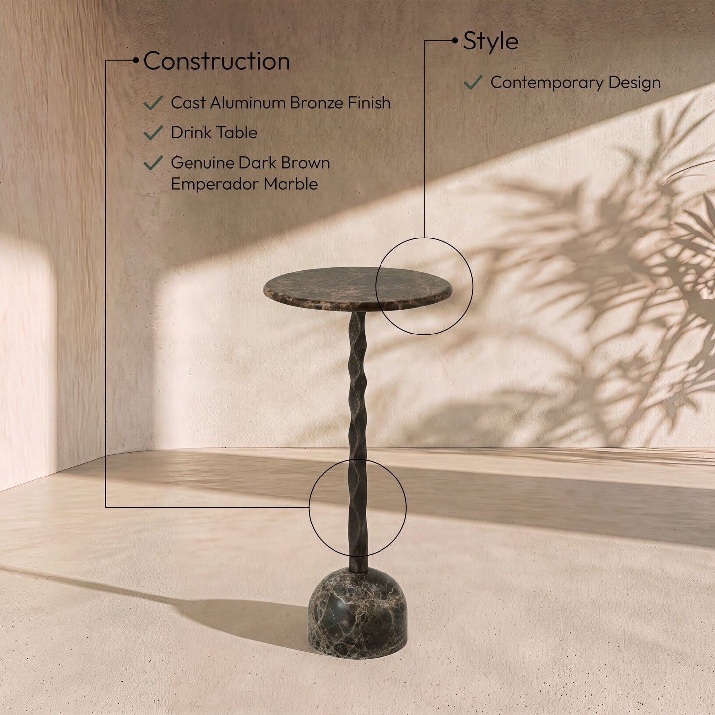 Helix - Genuine Marble Top And Aluminum Base End / Side Table - Brown / Bronze