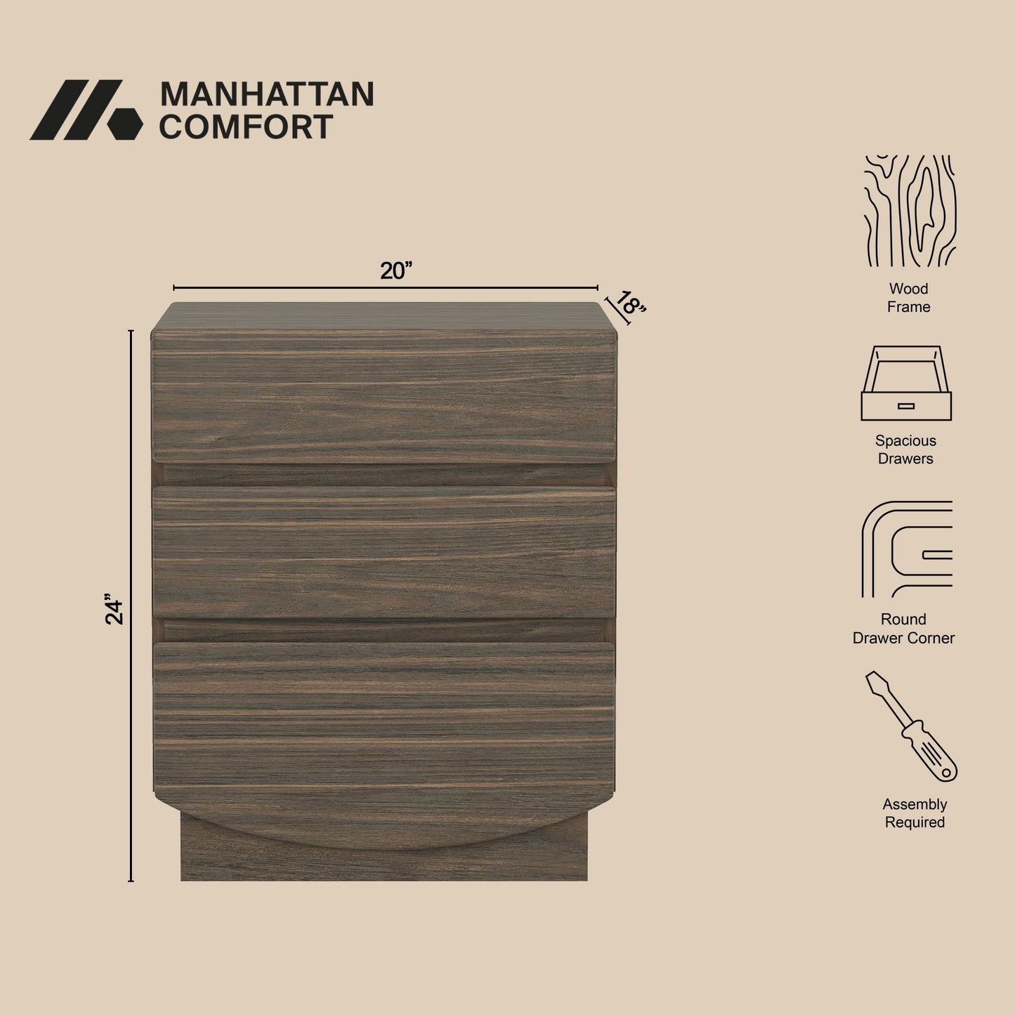 Manhattan Ardea - 3-Drawer Nightstand