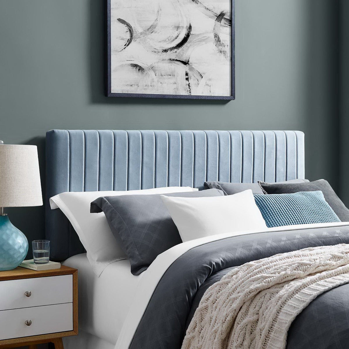 Keira Performance Velvet Headboard - Full/Queen, Light Blue