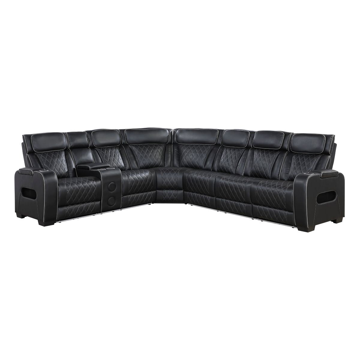 Fairway 3-Piece Power Reclining Sectional with Left Side Console, Drop-Down Cup Holders, Power Headrests, Storage Arms(Top and Side), Cup holders, Reading Lights, Charging Ports, Wireless speakers, Two Wireless Chargers, and LED lighting