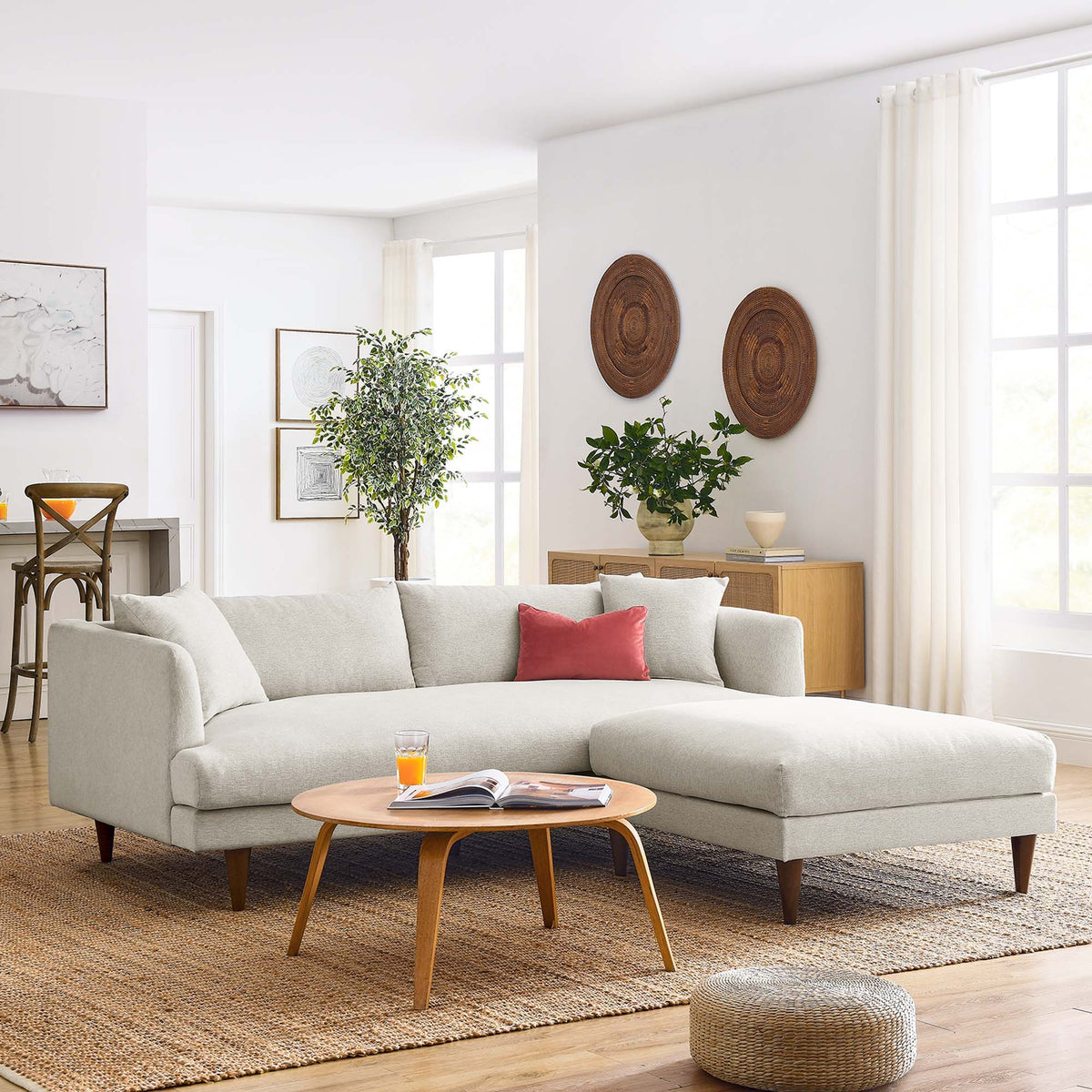 Zoya Down Filled Overstuffed Sofa and Ottoman Set - Heathered Weave Ivory