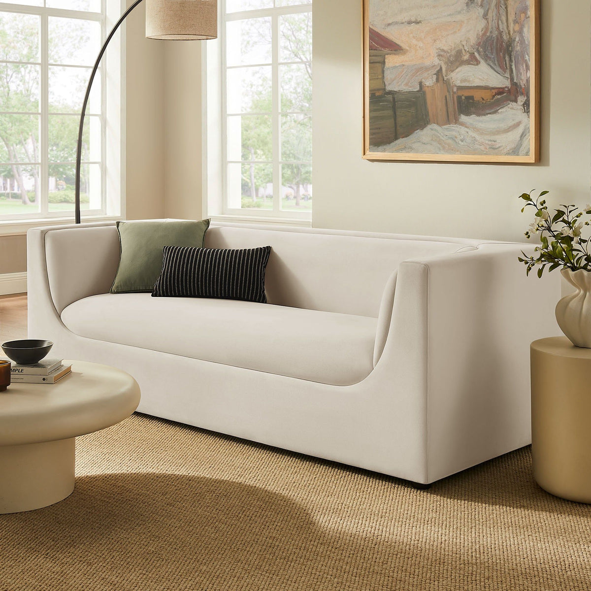 Hilda 86" Curved Back Performance Velvet Sofa - Alabaster