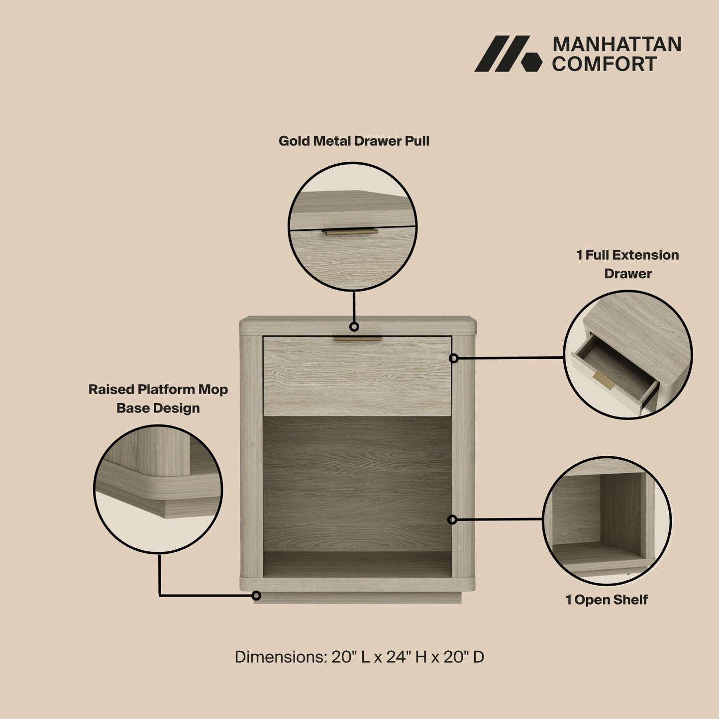 Manhattan Evelyn - 1-Drawer Nightstand