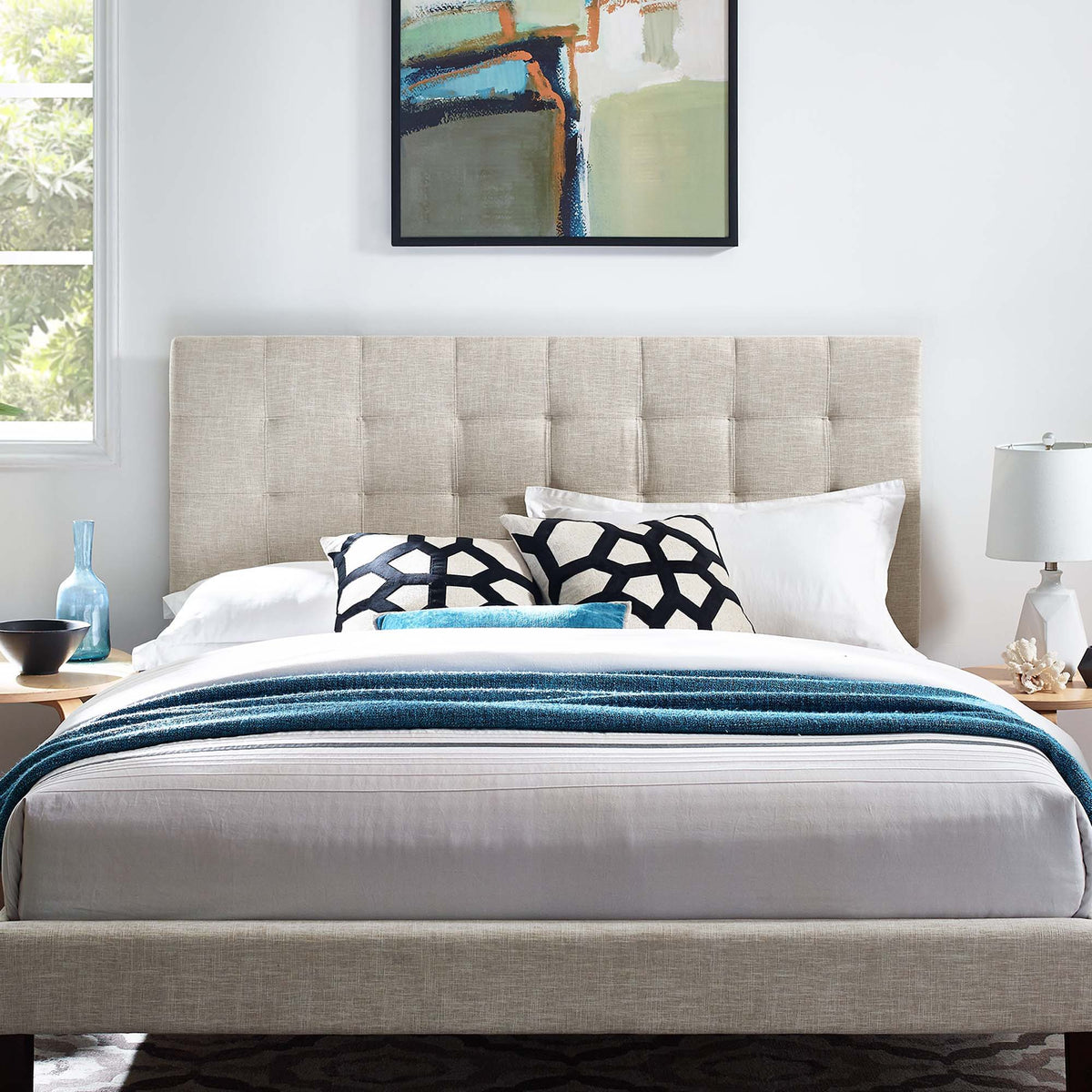 Paisley Tufted Upholstered Linen Fabric Headboard - King/CA King, Beige