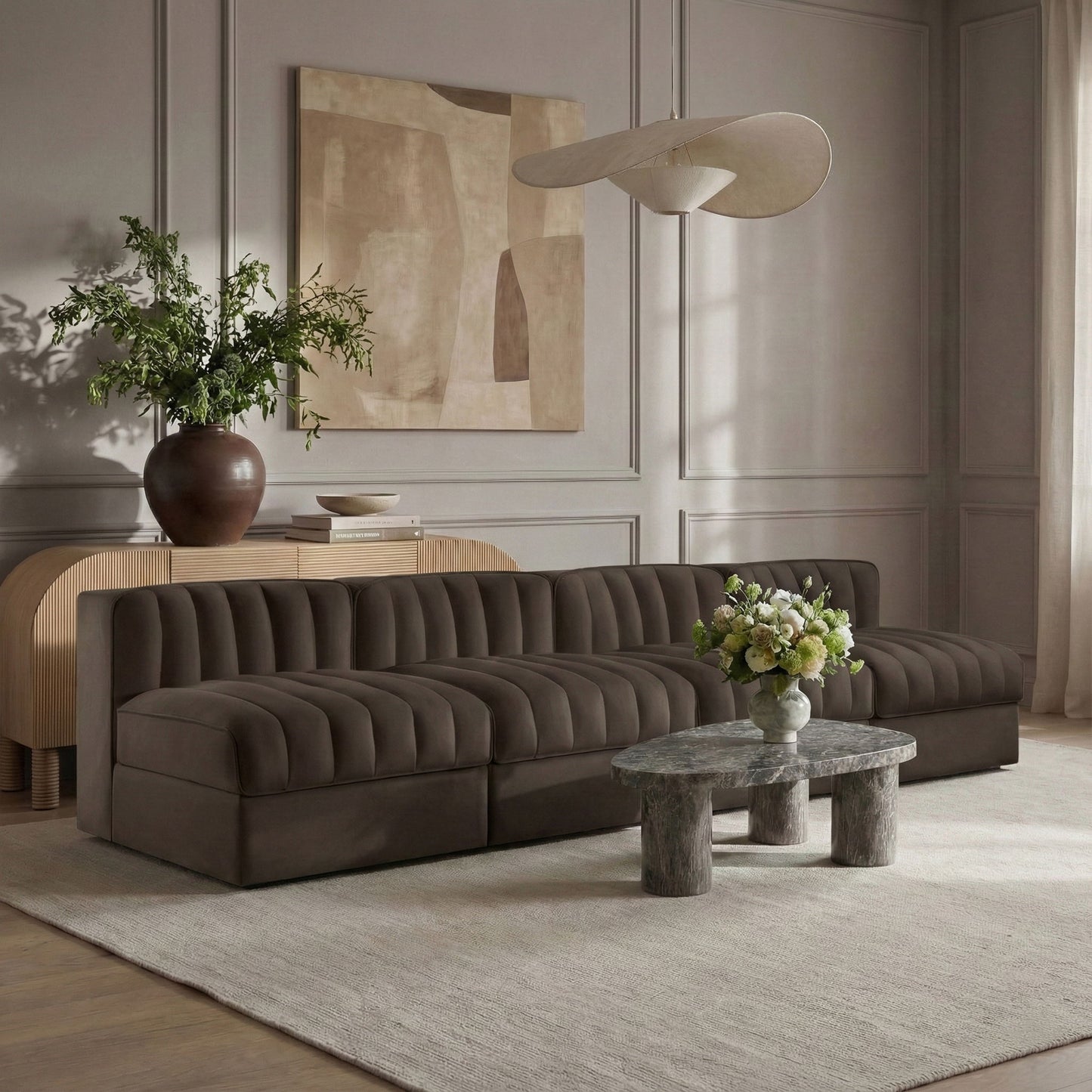 Rummi - Armless Velvet Performance Fabric Upholstered 4 Piece Modular Sofa