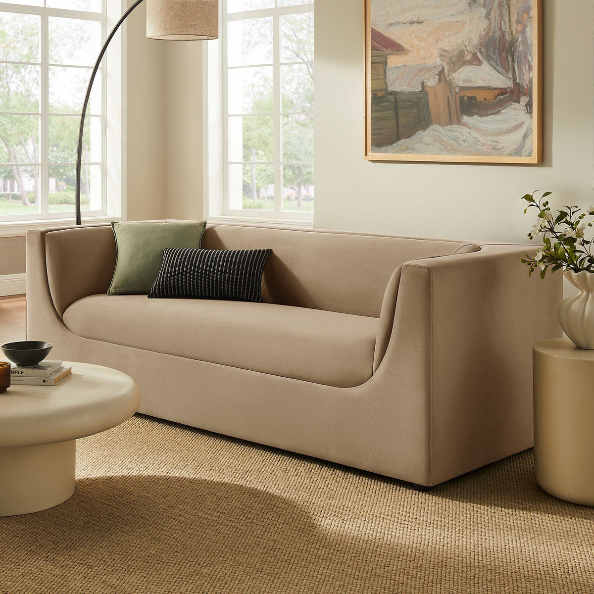 Hilda 86" Curved Back Performance Velvet Sofa - Taupe