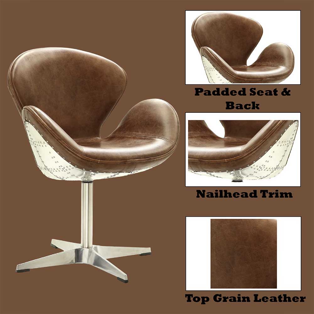 Brancaster - Accent Chair With Swivel - Retro Brown Top Grain Leather & Aluminum