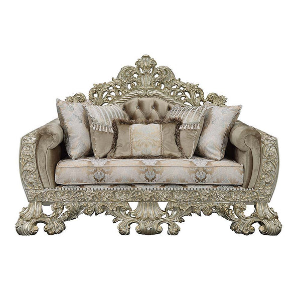 Sorina - Loveseat With 5 Pillows - Velvet, Fabric & Antique Gold