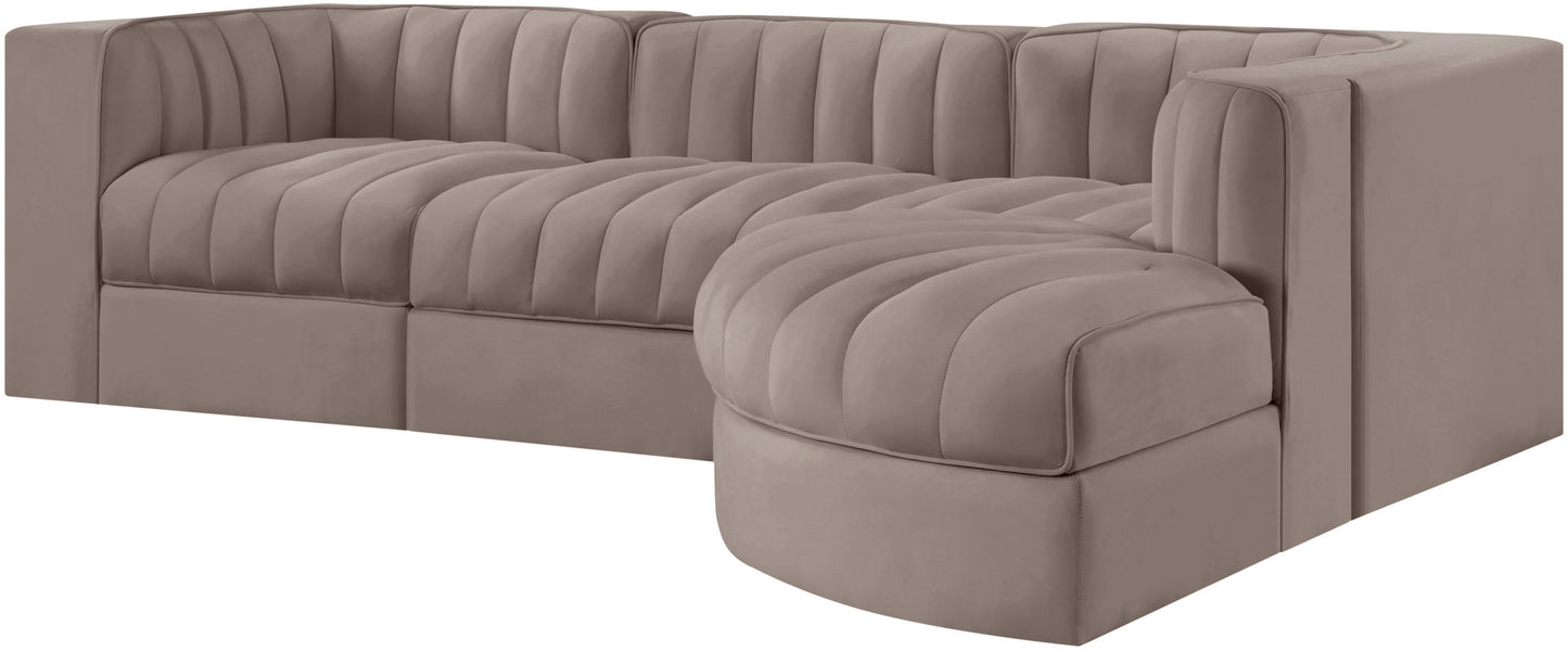 Rummi - Velvet Performance Fabric Upholstered 4 Piece Modular Sectional, With Reverse Corner Chair