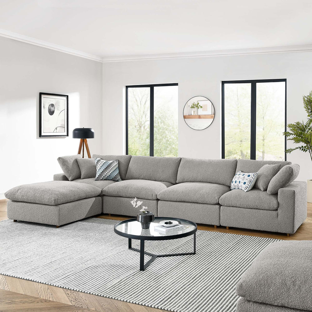 Commix Down Filled Overstuffed Boucle Fabric 5-Piece Sectional Sofa - Light Gray