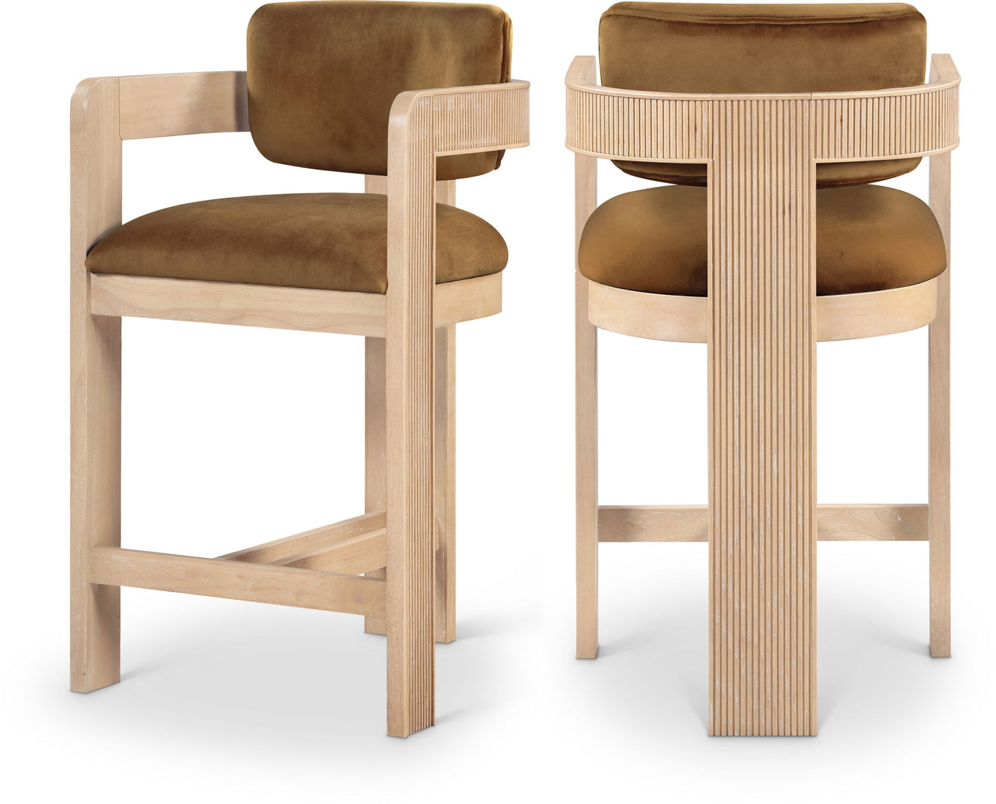 Sacha - Velvet Stool With Natural Base - Saddle