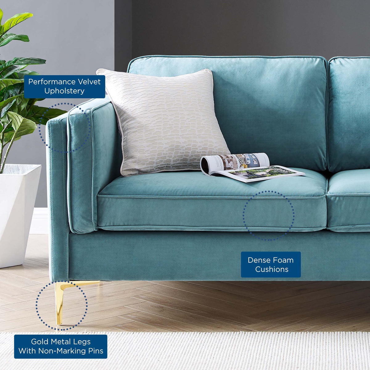 Kaiya Performance Velvet Sofa - Sea Blue