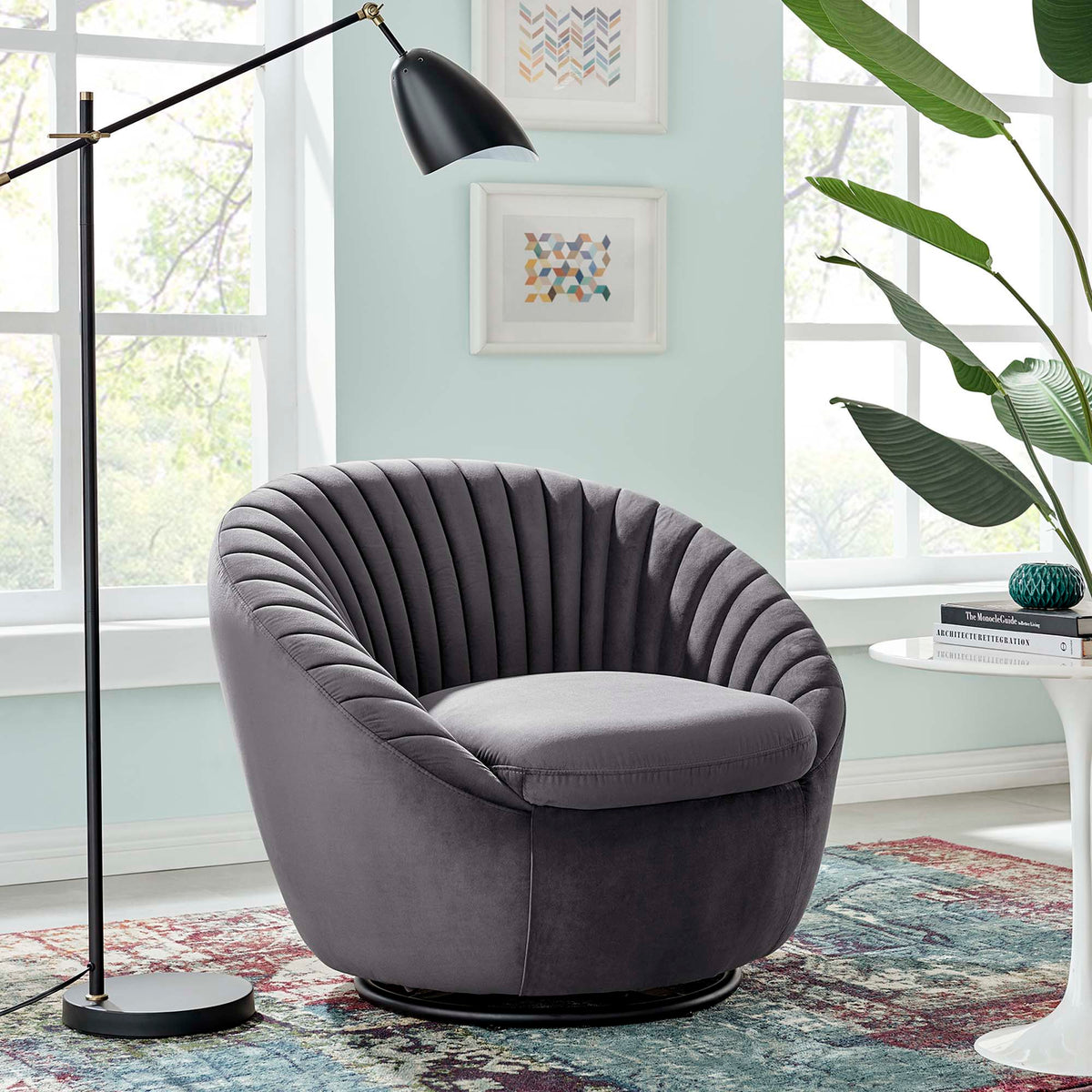 Whirr Tufted Performance Velvet Swivel Chair - Black Gray