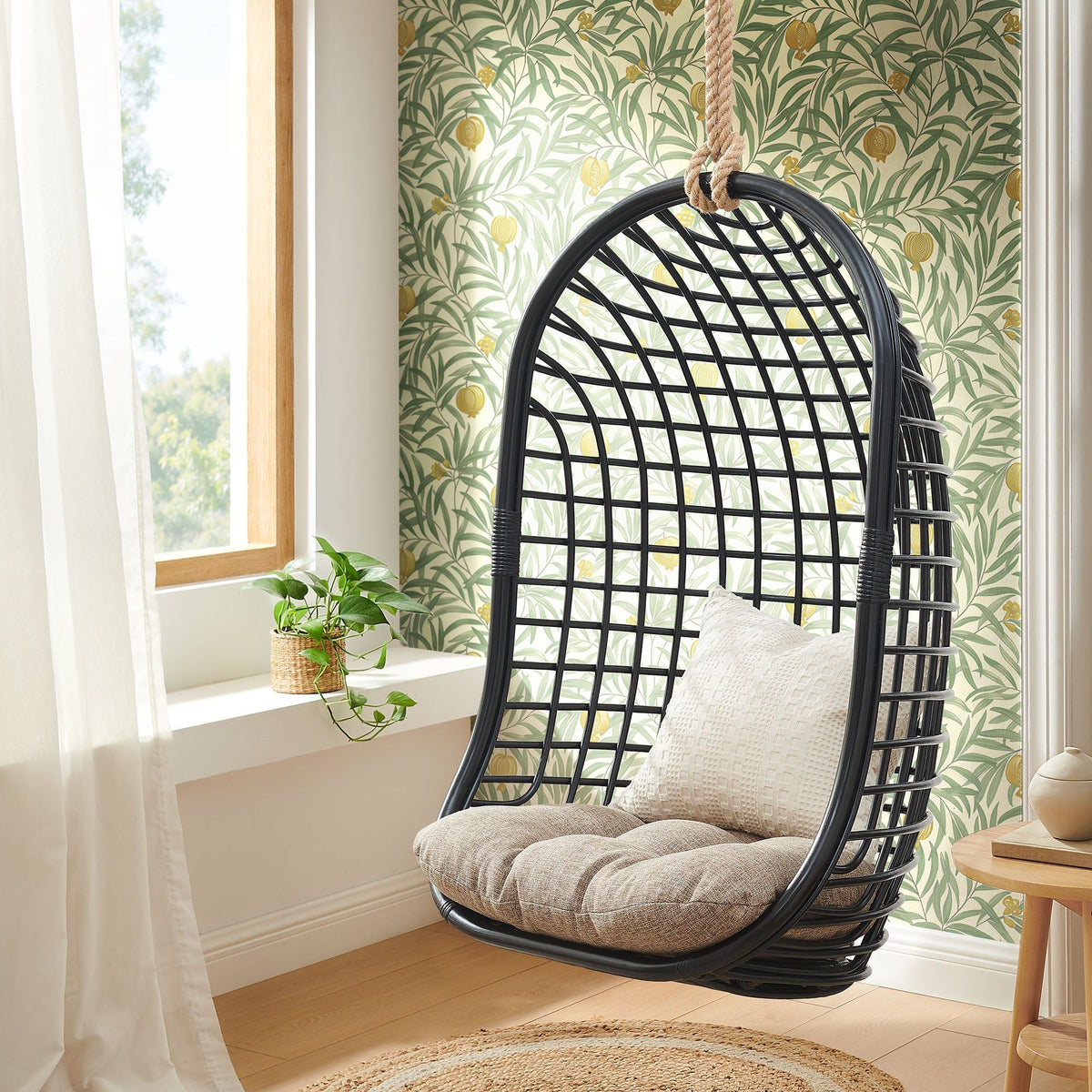 Tamsin Open Grid Weave Natural Rattan Hanging Chair - Black