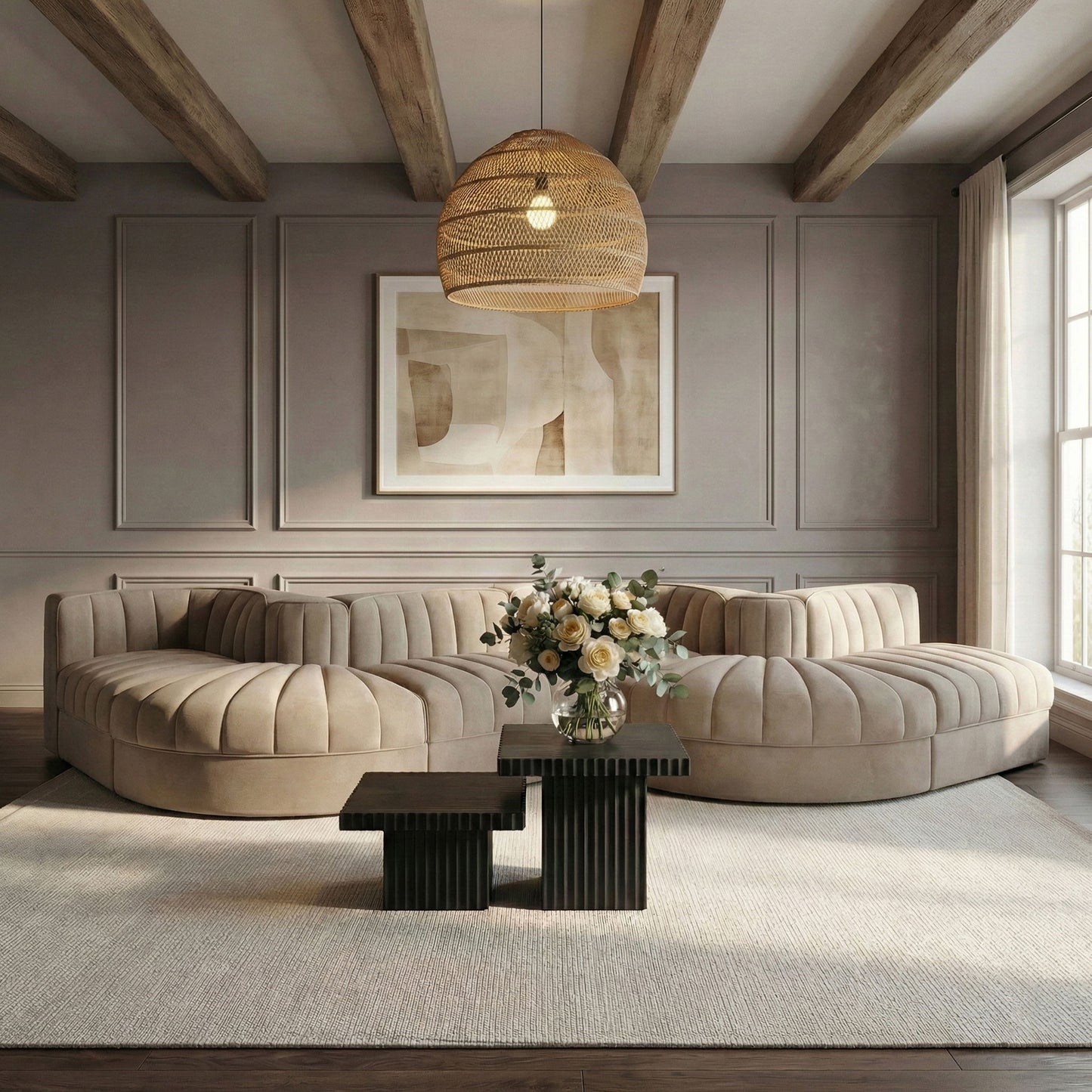 Rummi - Rounded Velvet Performance Fabric Upholstered 6 Piece Modular Sectional