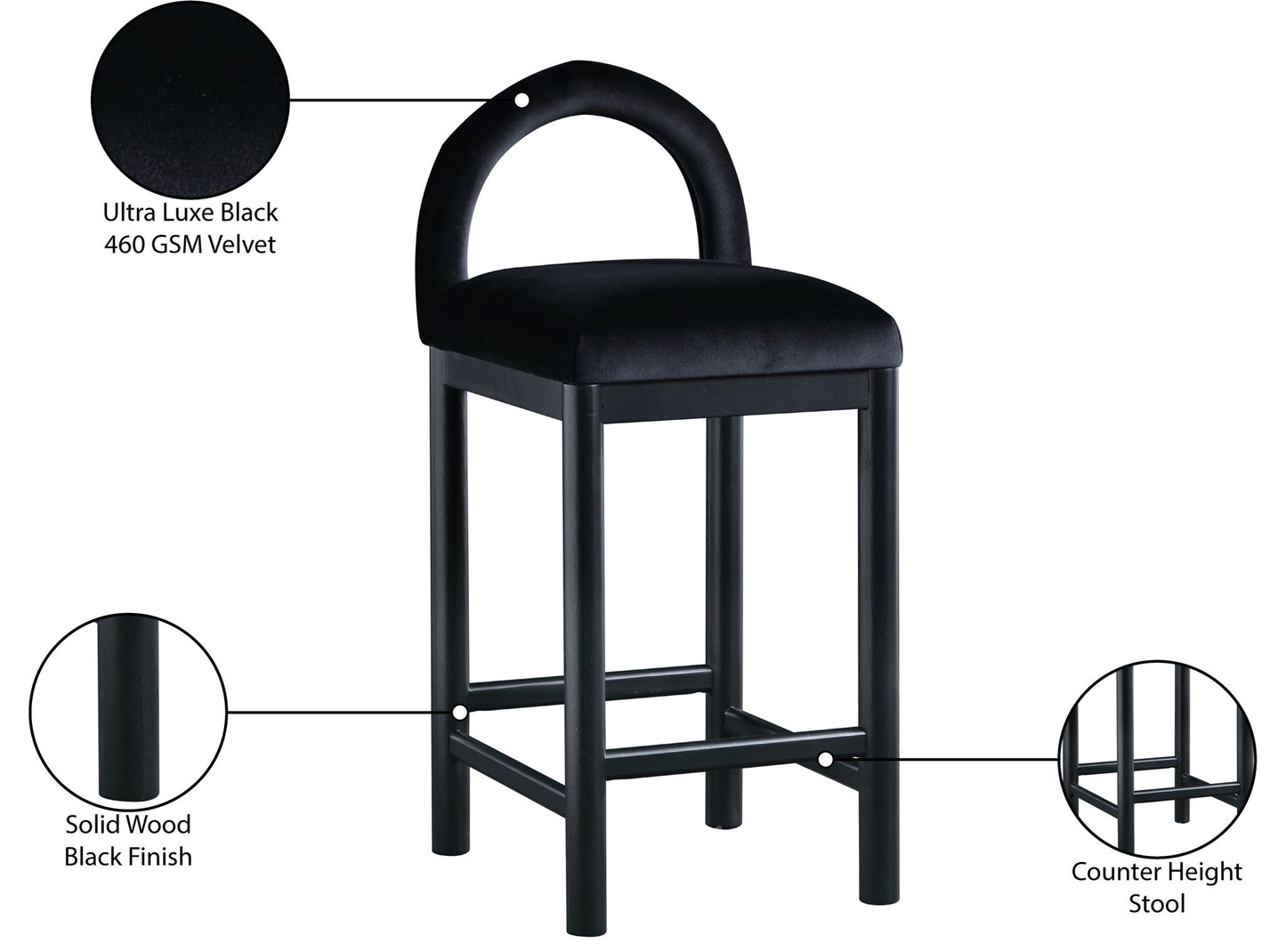 Conrad - Velvet Counter Stool With Black Legs