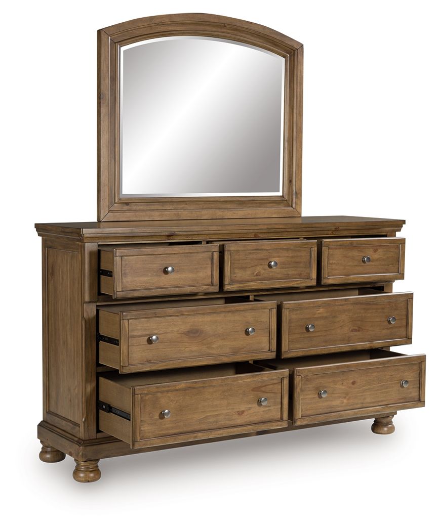 Feddinger - 3 Pc. - Queen Sleigh Storage Bed, Dresser And Mirror - Medium Brown