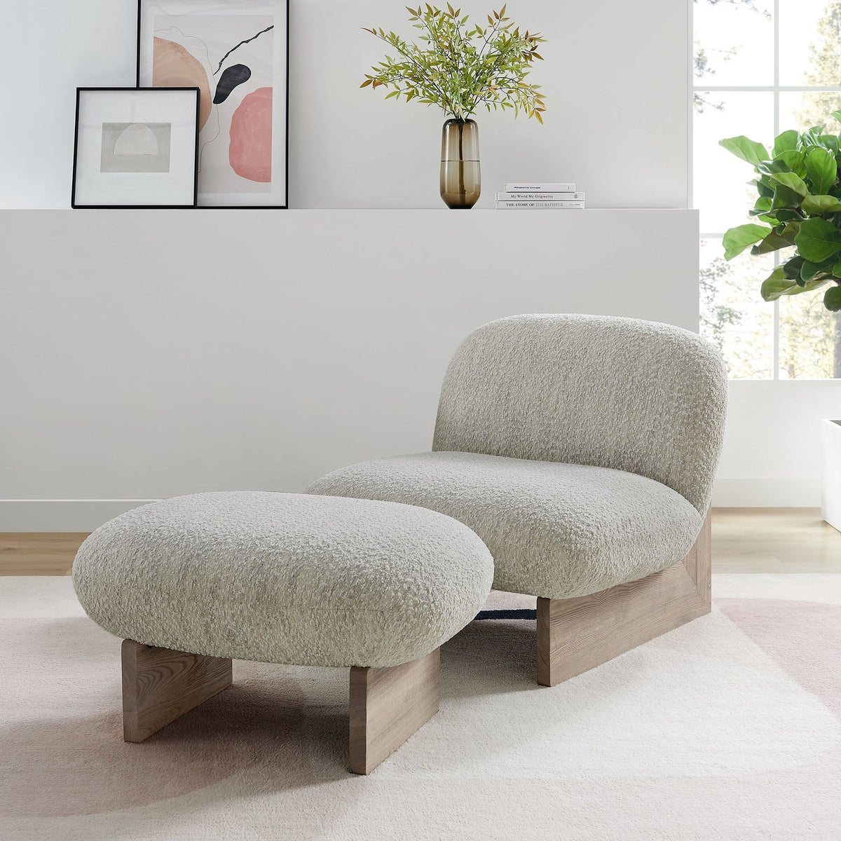 Loyal Boucle Fabric Accent Chair and Ottoman Set - Pearl Oak