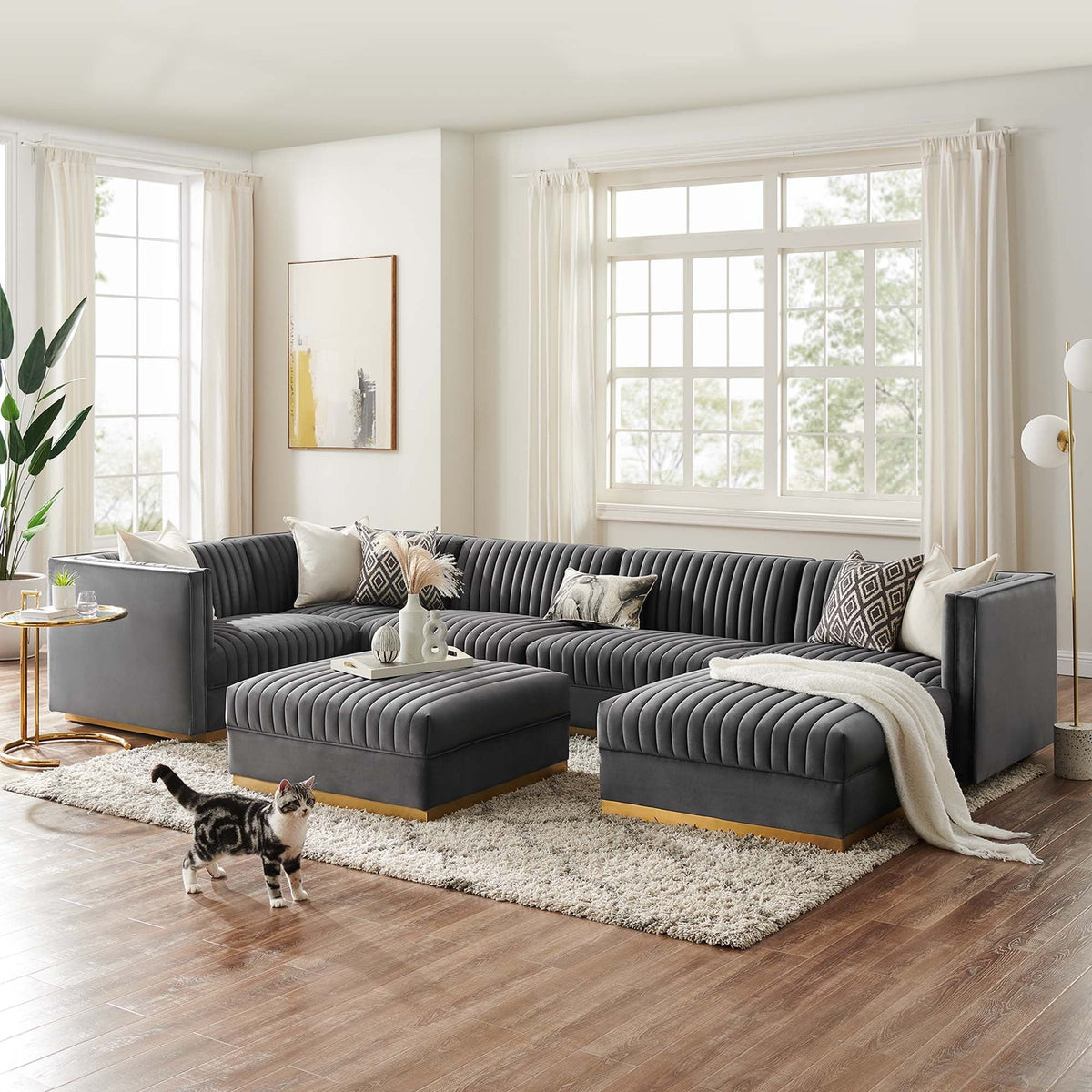 Sanguine 7-Piece Channel Tufted Performance Velvet Left-Facing Modular Sectional Sofa - Gray